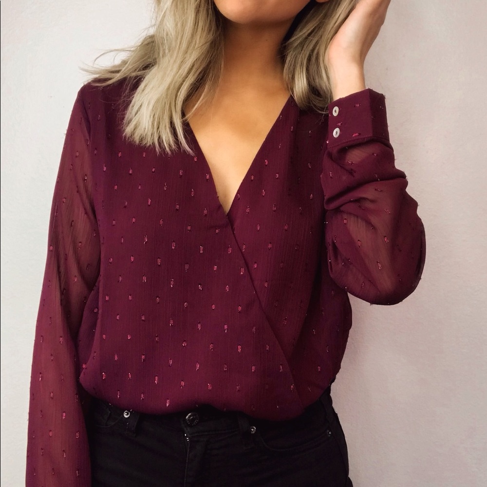 Merlot Burgundy sheer wrap blouse - Picture 5 of 6